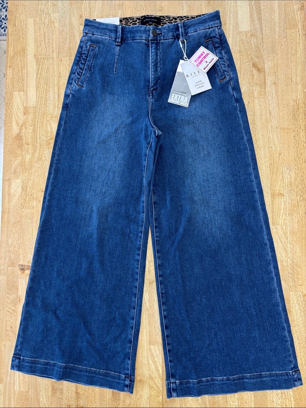 NWT Risen Jeans Tummy Control Wide Leg Trouser Pants Leopard Waist Size 13/31